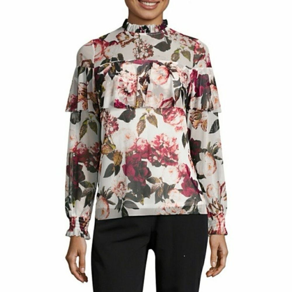 Worthington Floral Beautiful Mesh Blouse Lined Bodice Sheer Upper Sz L